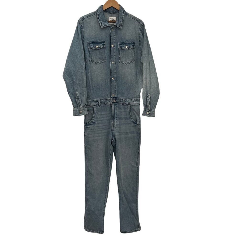 Zara Lightwash Denim Long Sleeve Button Front Jumpsuit NWT Size L - Picture 4 of 8